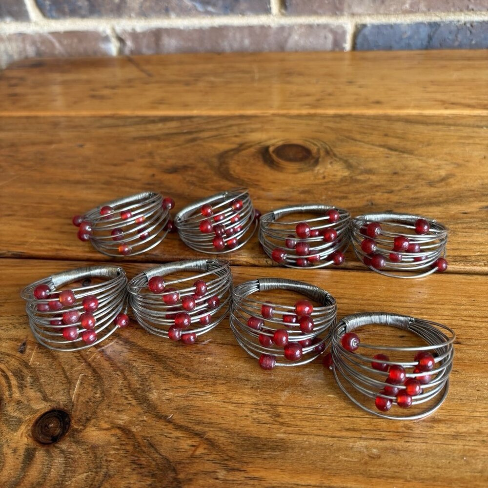 Vintage Napkin Rings, Set Of 8, Silver-tone Metal Wire with Cranberry Beads